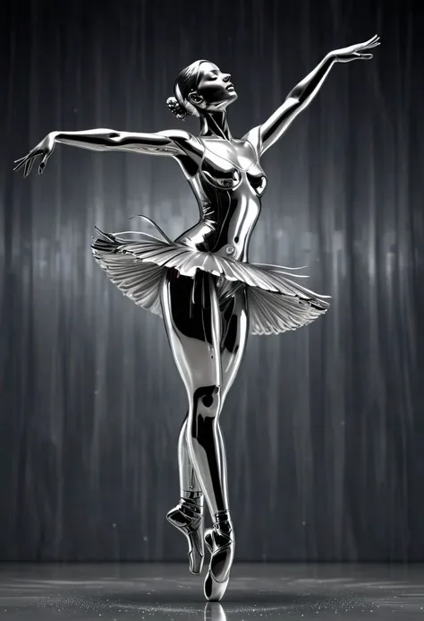 A mesmerizing depiction of a liquid metal ballerina, gracefully poised in mid-air. Her form glistens with the reflective surface of liquid mercury, capturing intricate details of her elegant pose. The setting is a futuristic ballet studio with high-tech el...