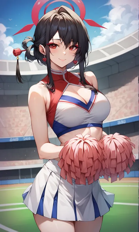 score_9, score_8_up, score_7_up, score_6_up, score_5_up, score_4_up, BREAK source_anime, 1girl, solo, outdoors, stadium, looking at viewer, cowboy shot, smile, closed mouth, kokuriko, red eyes, black hair, hair bun, sidelocks, hair ornament, hair stick, ea...