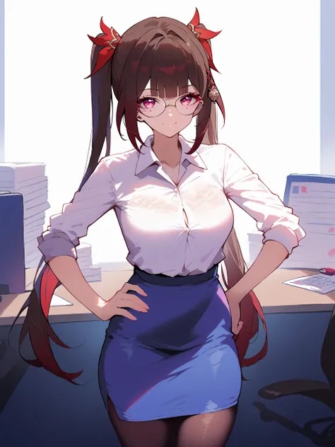 score_9, score_8_up, score_7_up, source_anime, 1girl, sparkle (honkai: star rail), twintails, solo, office lady, white collared shirt, pencil skirt, pantyhose, glasses, looking at viewer, hand on hip, office, indoors, depth of field, gasping, ecstasy, sedu...