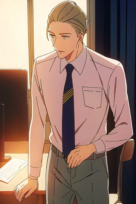 score 9, score 8 up, score 7 up, source anime, best quality, best aestetic, perfect anatomy), 1boy, male focus, handsome detailed face, detailed eyes, gary blazer, shirt, gray pants, slim body, skinny, necktie, solo, office, ((front lighting, Homu)), <lora...