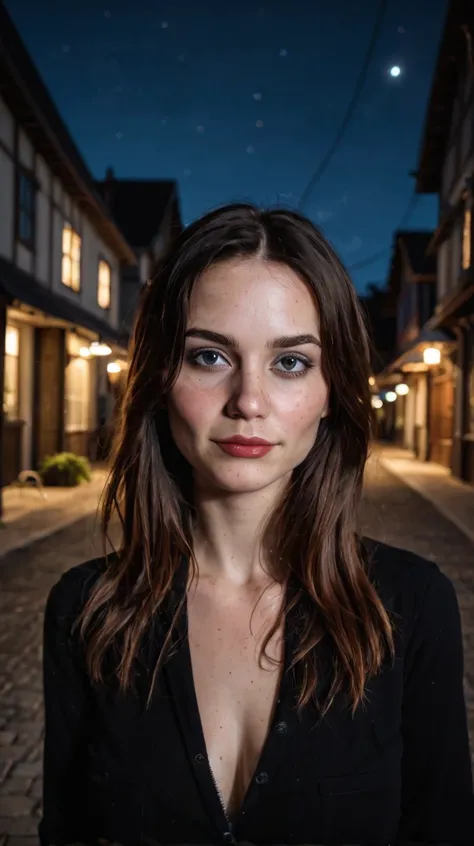 18yo nordic woman, shadows, perfect face, nighttime, dark photo, grainy, dimly lit, seductive smirk, harsh camera flash, grainy, highly detailed, (freckles:0.4), (skin texture), (background town), bokeh, (snub nose)