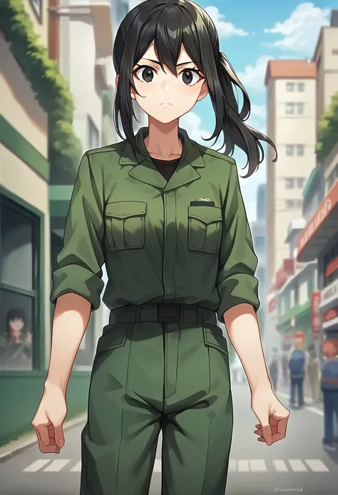 score_9, score_8_up, score_7_up, source_anime, masterpiece, 1girl, ctiankusakabe, black eyes, black hair, green uniform, green pants, sleeves rolled up, outdoors, city, depth of field, sunny, looking at viewer,  <lora:Ryouko_Kusakabe_pony_ct:1>