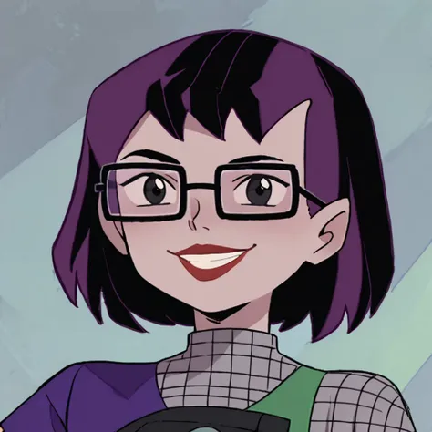 score_9, score_8_up, score_7_up BREAK VicFick, 1girl, black purple bob cut, black eyes, lipstick, glasses, short-sleeved black purple dress, grey short sleeves, black boots, smiling at viewer,