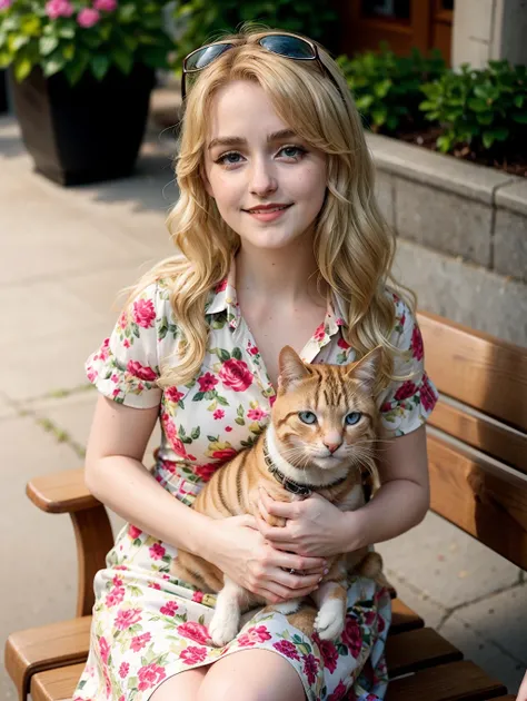 Mckenna8,  A smiling  woman sitting on a bench with a cat in her arms. She is wearing a floral dress and has blonde hair