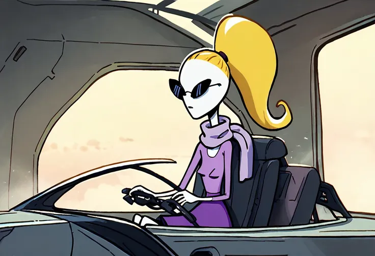 score_9, score_8_up, score_7_up BREAK YvetTO, 1girl, blonde hair, ponytail, pale skin, black eyes, black alien eyes, alien, black sunglasses, long-sleeved light purple shirt, lavender scarf, purple skirt, driving spaceship, driving galactic spaceship, clos...