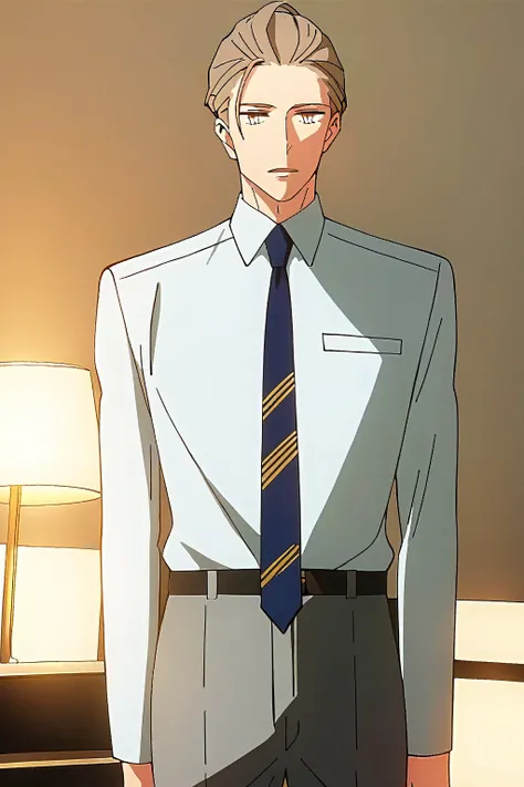 score 9, score 8 up, score 7 up, source anime, best quality, best aestetic, perfect anatomy), 1boy, male focus, handsome detailed face, detailed eyes, gary blazer, shirt, gray pants, slim body, skinny, necktie, solo, office, ((cinematic lighting, Fear Kubr...