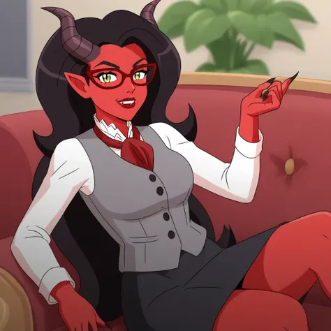 score_8_up, BREAK, WyvernaDretch, 1girl,  solo, black hair, long hair, green eyes, horns, red skin, red glasses, white shirt, grey vest, skirt, demon girl,  <lora:WyvernaDretch_PXL_Leaf1:0.8>, looking at viewer, depth of field, on couch,