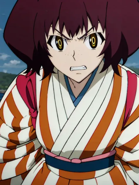 1girl, 20 years old, looking at viewer,
 y05h13,<lora:y05h13:.75>, yellow eyes, short hair, maroon hair, japanese clothes,  striped kimono, at the beach), (hair ribbon),
close up, angry, clenched teeth, mad
 <lora:animemix_v3_offset:.5>