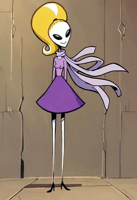 score_9, score_8_up, score_7_up BREAK YvetTO, 1girl, blonde hair, ponytail, pale skin, black eyes, black alien eyes, alien, black sunglasses, long-sleeved light purple shirt, lavender scarf, purple skirt, high-heeled shoes, smiling at viewer,