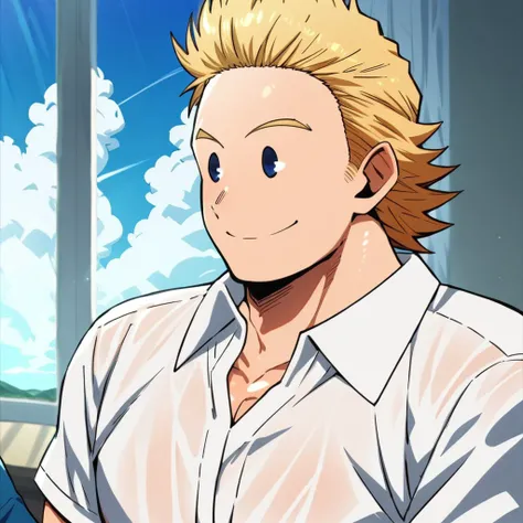 mirio togata, toned, smile, shirt, 1boy, white shirt, sky, cloud, window, collared shirt, indoors, upper body, male focus, muscular, abs, pectorals, muscular male, large pectorals