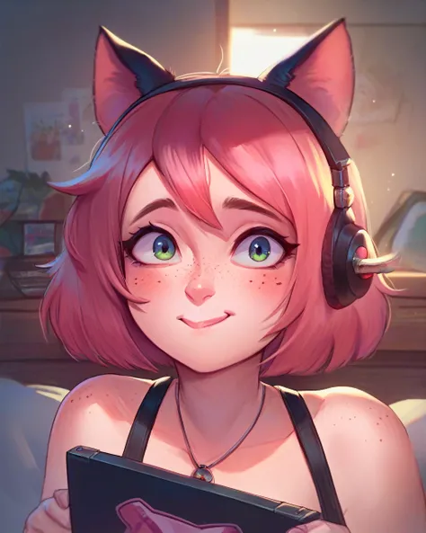 score_9,score_8_up, score_7_up, photograph of a cute gamer girl, pale skin, pink hair, medium hair, freckles, headphones, cat ears <lora:NoizuPony:1>