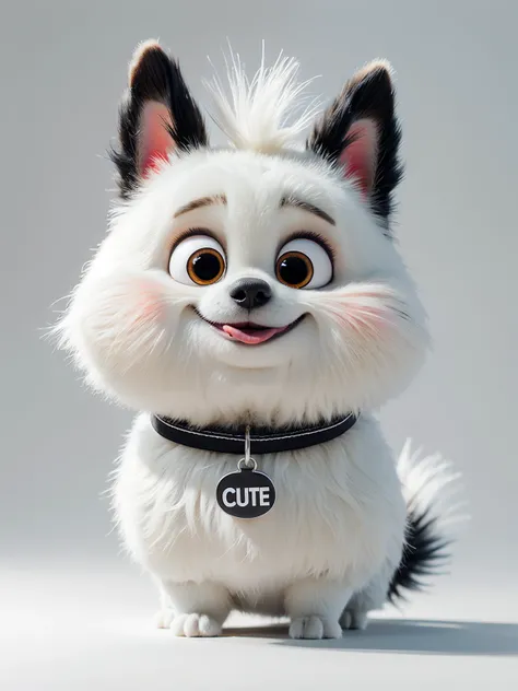fluffy animal,wearing a dog tag that says "cute",tongue out,tongue,no humans,looking at viewer,dog,white background,simple background,:p,solo,standing,grey background,<lora:DESAnimal:0.6>,