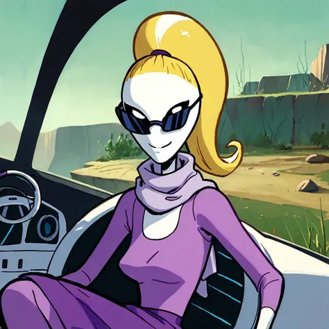 score_9, score_8_up, score_7_up BREAK YvetTO, 1girl, blonde hair, ponytail, pale skin, black eyes, black alien eyes, alien, black sunglasses, long-sleeved light purple shirt, lavender scarf, purple skirt, driving spaceship, driving galactic spaceship, clos...