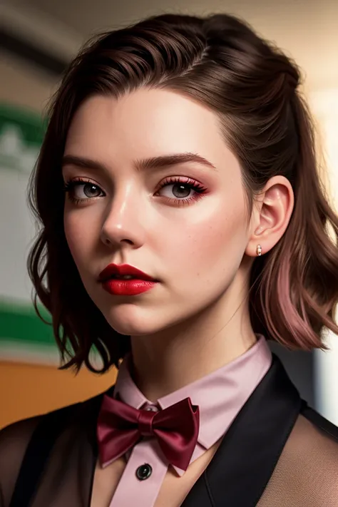 anyataylorjoy-4230,  ((detailed skin, detailed face):1.2), ((detailed eyes, beautiful eyes):1.2), ((red lipstick, eyeliner, eye shadow, blush)),  ,photo of a woman, RAW, ((bowtie, shirt)),((short hair)), ((classroom, sitting)), slim body, 8k uhd, dslr, sof...