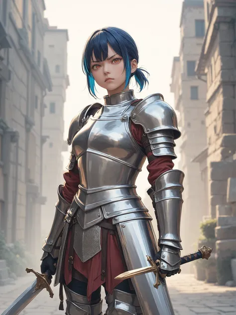 score_9, score_8_up, score_7_up, score_6_up, score_5_up, score_4_up, source_anime BREAK solo, 1girl, serious, knight, armor, holding sword, orange eyes, bangs, highlights, blue hair, short ponytail, outdoors