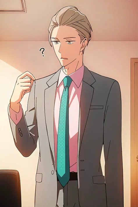 score 9, score 8 up, score 7 up, source anime, best quality, best aestetic, perfect anatomy), 1boy, male focus, handsome detailed face, detailed eyes, gary blazer, shirt, gray pants, slim body, skinny, necktie, solo, office, ((High-contrast light, Confused...