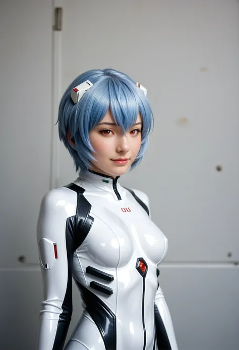 realistic, photo (medium), score_9, score_8_up, score_7_up, BREAK
solo, 1girl, ayanami rei, red eyes, blue hair, short hair, 
hairpods, plugsuit, white bodysuit, shiny skin, shiny clothes, 
standing, looking at viewer, light smile, upper body,