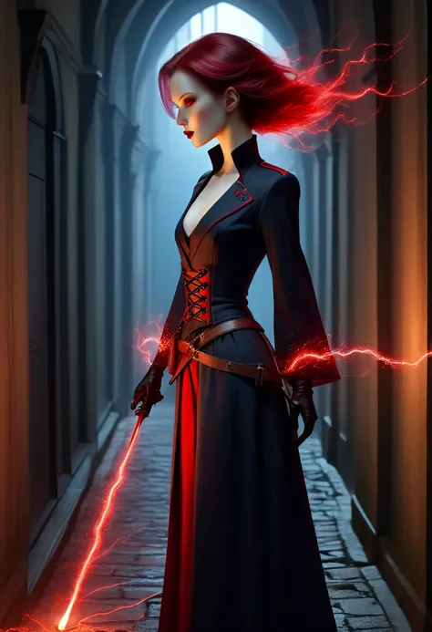 electrostatica, Vampire huntress, dark alleyway lit only by flickering candles casting eerie shadows on the walls, crossbow at the ready as she stalks her prey through the shadows, long coat with red electricity that seems to shimmer in the dim light, pale...