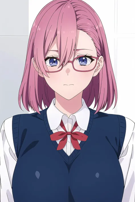 Simple Background,White Background,
dynamic pose,standing at attention,
school uniform, long sleeves, white shirt, Blue sweater vest,red ribbon, 
<lora:Lilysa_Amano_25Dimensional-KK77-V1:0.8>,Glasses,
Blue eyes, pink hair,bangs,Short hair,
<lora:more_detai...