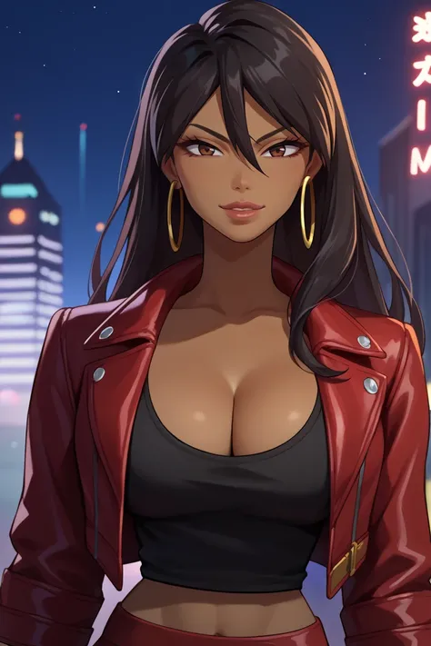 score_9, score_8_up, score_7_up, score_6_up, source_anime, 1girl, solo  <lora:michiko-pdxl-nvwls-v1-000005:1> michiko, black hair, long hair, brown eyes, dark-skinned female, lips, hoop earrings, red jacket, black shirt, cleavage, big breasts, midriff, red...