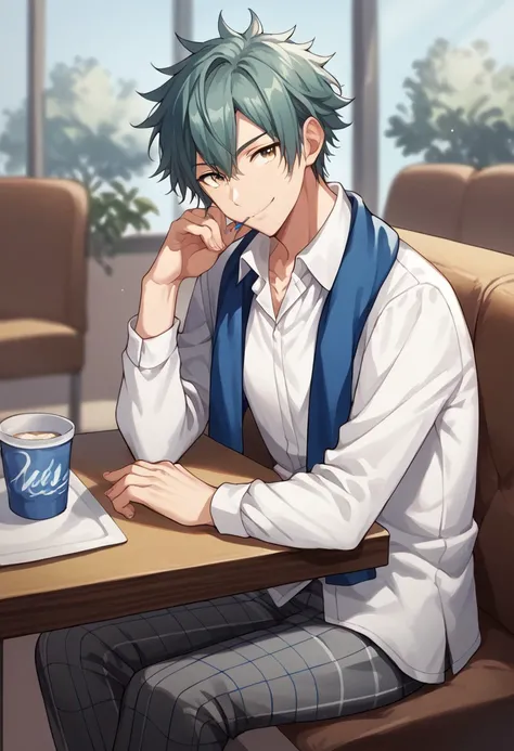 score_9, score_8_up, score_7_up, source_anime, rating_safe, table, Tsunin, 1boy, male focus, school uniform, collared white shirt, blue towel around neck, toothpick on mouth, plaid grey pants, sitting, smiling, behind a table, brown couch, indoor blurry r...