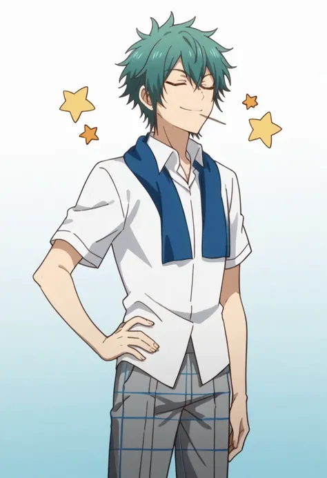 score_9, score_8_up, score_7_up, source_anime, rating_safe, Tsunin, 1boy, male focus, anime screencap, closed eyes, school uniform, collared white shirt, blue towel around neck, toothpick on mouth, plaid grey pants, hand on hip, hand with five fingers, smi...