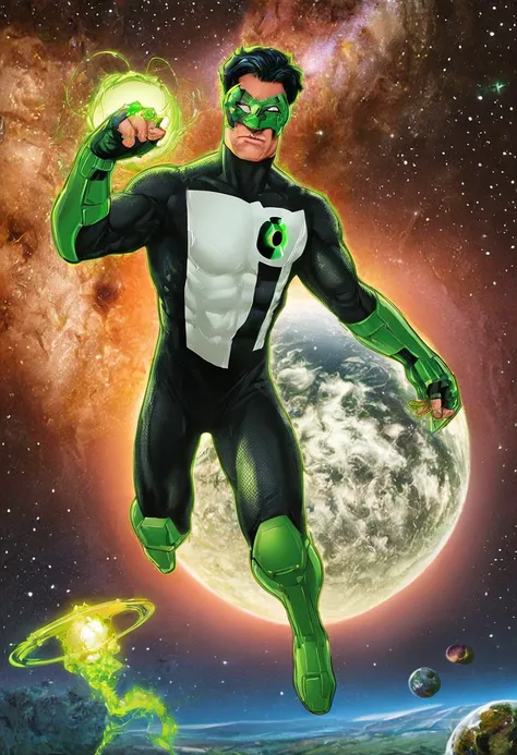 zPDXL2, score_9, score_8_up, score_7_up, source_comic, 1boy, gl_kylerayner, black hair, bodysuit, stars, universe, planets, outer space, green lantern ring, fingerless gloves, green lantern symbol, green lantern constructs, flying, domino mask