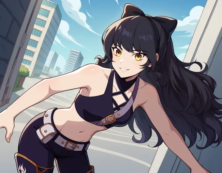 score_9, score_8_up, score_7_up, source_anime, <lora:blake-belladona-ponyxl-lora-nochekaiser:1>, blake, blake belladonna, long hair, black hair, yellow eyes, bow, hair bow, black bow, long hair, bangs,, navel, midriff, belt, halterneck, criss-cross halter,...