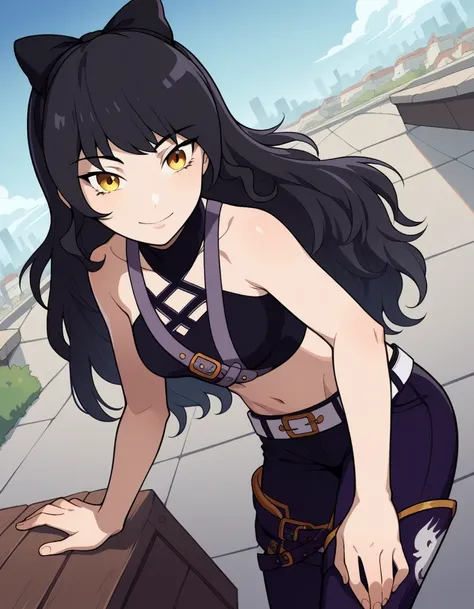 score_9, score_8_up, score_7_up, source_anime, <lora:blake-belladona-ponyxl-lora-nochekaiser:1>, blake, blake belladonna, long hair, black hair, yellow eyes, bow, hair bow, black bow, long hair, bangs,, navel, midriff, belt, halterneck, criss-cross halter,...