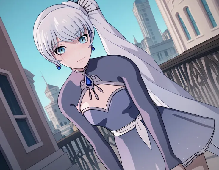 score_9, score_8_up, score_7_up, source_anime, <lora:weiss-schnee-ponyxl-lora-nochekaiser:1>, weiss schnee, long hair, blue eyes, hair ornament, ponytail, white hair, side ponytail, scar, tiara, scar on face, scar across eye,, dress, jewelry, earrings, blu...