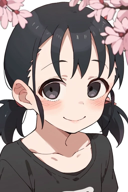 score_9, score_8_up, score_7_up, score_6_up, score_5_up, score_4_up <lora:manochan:0.7> manochan, black shirt, flat chest, black eyes, looking at viewer, blush,  simple background, smile, cherry blossoms,