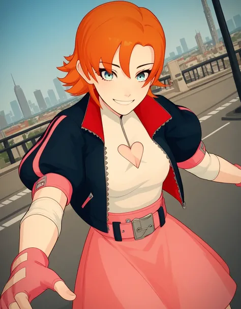 score_9, score_8_up, score_7_up, source_anime, <lora:nora-valkyrie-ponyxl-lora-nochekaiser:1>, nora valkyrie, blue eyes, medium hair, orange hair,, skirt, shirt, gloves, jacket, short sleeves, open clothes, puffy sleeves, belt, fingerless gloves, open jack...