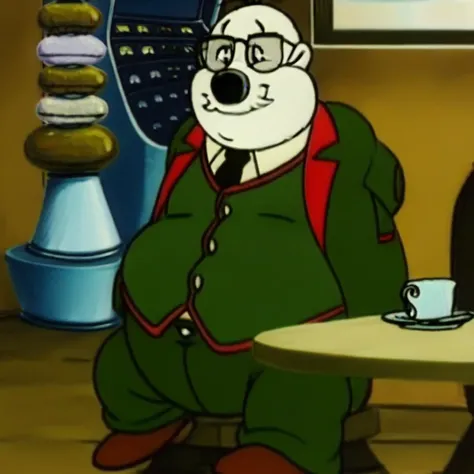 glasses, food, sitting, parody, teacup, male focus, military, fat man