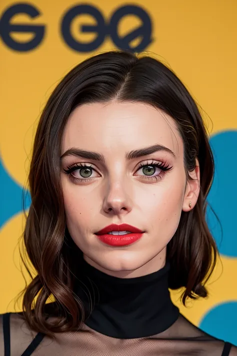 francescareale,((detailed skin, detailed face, detailed eyes, beautiful eyes)), ((red lipstick, blush, eye shadow, eyeliner, pale skin)),  , photo of a woman, ,fashion portrait photo of a woman from the 60s wearing a red turtleneck standing in the middle o...