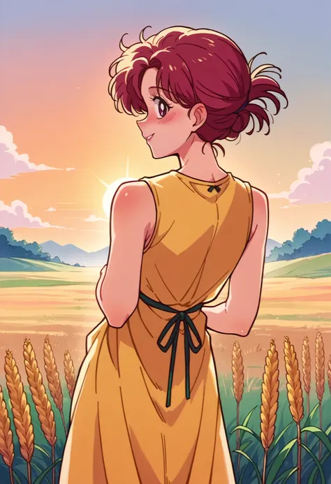 score_9, score_8_up,score_7_up, source_anime, <lora:SlrmnRtr_pdxl_EliPot:1>, 1girl, solo,
 toned,yellow sundress, sleeveless,looking at viewer, smile, blush, hands behind, hands on dimples, leaning forward, parted lips, looking back, back,outdoors, wheat f...