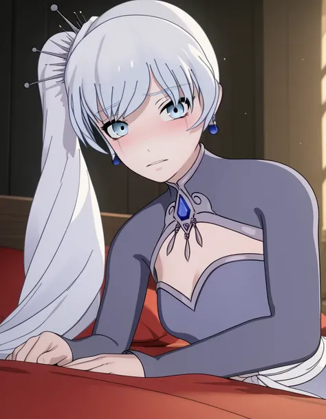 score_9, score_8_up, score_7_up, source_anime, <lora:weiss-schnee-ponyxl-lora-nochekaiser:1>, weiss schnee, long hair, blue eyes, hair ornament, ponytail, white hair, side ponytail, scar, tiara, scar on face, scar across eye,, dress, jewelry, earrings, blu...