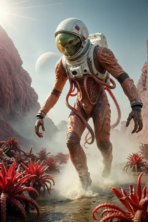 photoart_style,(an astronaut runs along slime on an alien planet, Cthulhu in the background, wet tentacles, splashes, aliens red plants,(low wide angle)),realistic,(film grain),ultrarealistic 4k,cinematic light,light glare,light flare,perfect composition, ...