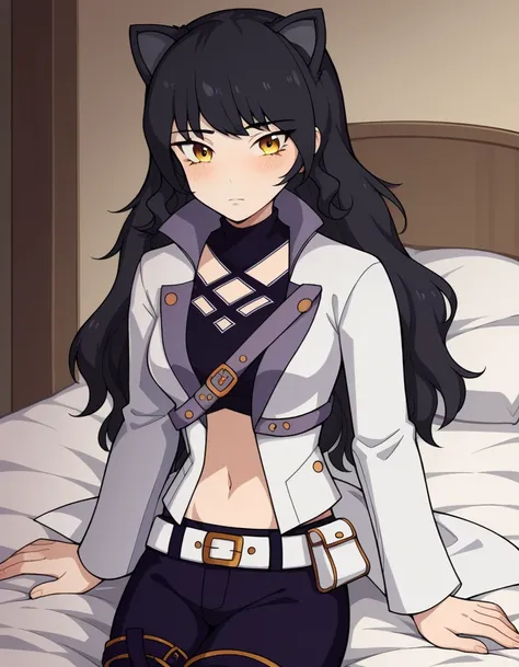 score_9, score_8_up, score_7_up, source_anime, <lora:blake-belladona-ponyxl-lora-nochekaiser:1>, blake, blake belladonna, long hair, black hair, yellow eyes, bow, hair bow, black bow, long hair, bangs,, navel, midriff, belt, jacket, white jacket, long slee...