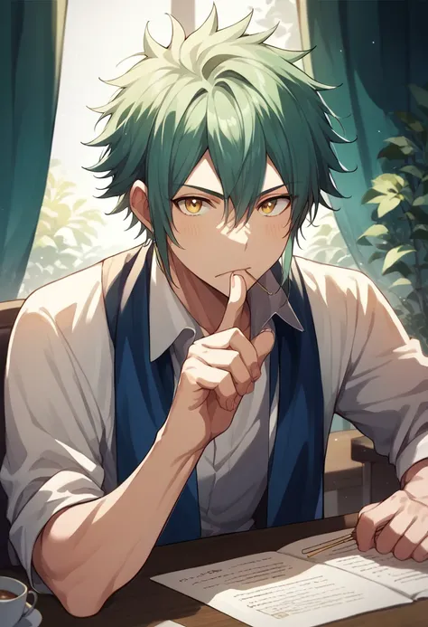 score_9, score_8_up, score_7_up, source_anime, rating_safe, table, Tsunin, 1boy, male focus, toothpick on mouth, hands with five fingers, looking at viewer, shhhhhh if you know the secret~