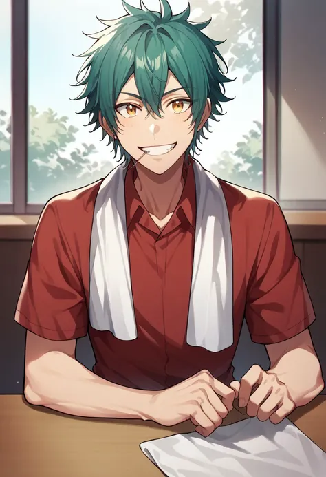 score_9, score_8_up, score_7_up, source_anime, rating_safe, table, Tsunin, 1boy, male focus, red shirt, white towel around neck, toothpick on mouth, teeth. big smile, hands with five fingers, looking at viewer