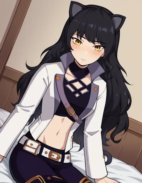 score_9, score_8_up, score_7_up, source_anime, <lora:blake-belladona-ponyxl-lora-nochekaiser:1>, blake, blake belladonna, long hair, black hair, yellow eyes, bow, hair bow, black bow, long hair, bangs,, navel, midriff, belt, jacket, white jacket, long slee...