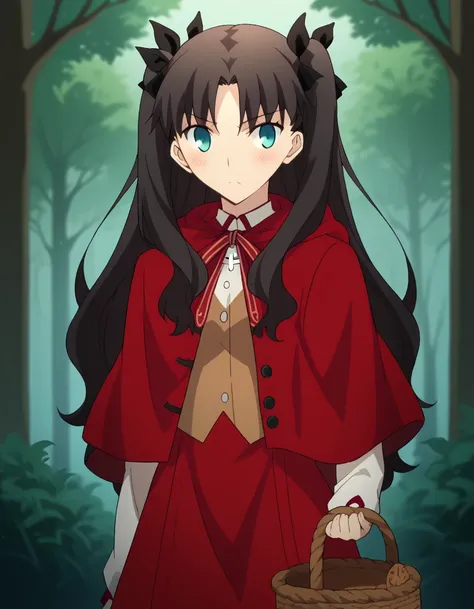 score_9, score_8_up, score_7_up, source_anime, rintohsaka, <lora:rin-tohsaka-ubw-ponyxl-lora-nochekaiser:1>, rin tohsaka, aqua eyes, black hair, hair ribbon, long hair, ribbon, sidelocks, two side up, parted bangs,, <lora:little-red-riding-hood-cosplay-pon...