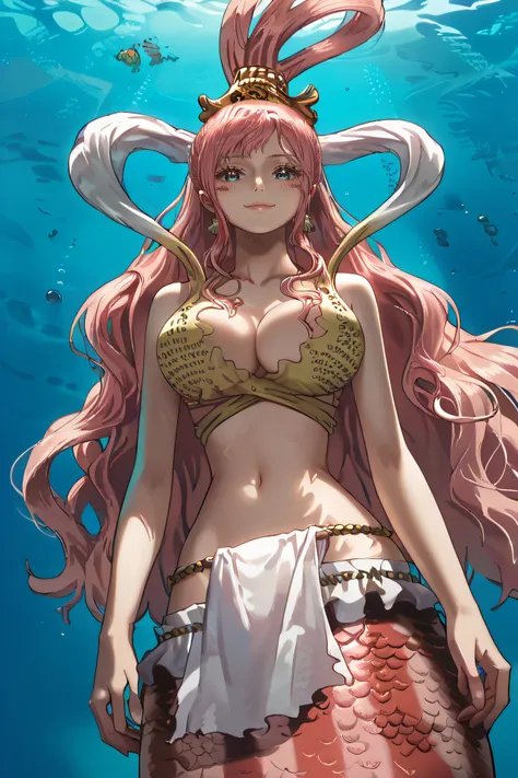 score_9, score_8_up, source_anime,
shirahoshi, very long hair, pink hair, hair rings, hair ornament, mermaid, scales,
navel, cleavage, hagoromo, mermaid bikini, loincloth,
seductive smile, looking at viewer, bellow view, underwater,
<lora:Smooth Style 2 SD...