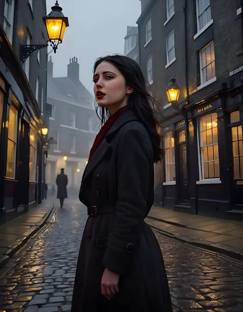 In a moody, overcast twilight ambiance of a Victorian-era London street, the camera captures a close-up image from a low angle, focusing on L14M4R13 - a captivating woman with raven-black hair cascading down her shoulders and back, framing her striking fac...