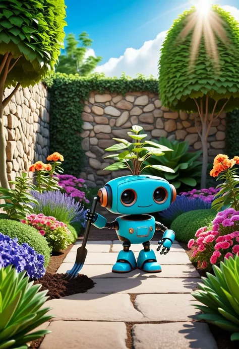 A cute robot planting a tree in a lush green garden, surrounded by colorful flowers and vibrant plants, with a clear blue sky overhead. Adorable, heartwarming, nature, greenery, cheerful, detailed, bright colors, friendly expression, small size, metallic, ...