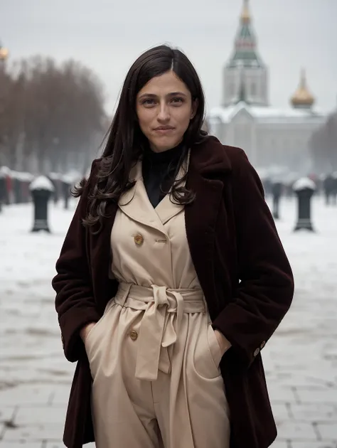 Eleonore8, a woman wearing full military outfit and brown pants and a fur coat, in front of the kremlin, with a severe look, looking at viewer, snowstorm, evening, low light