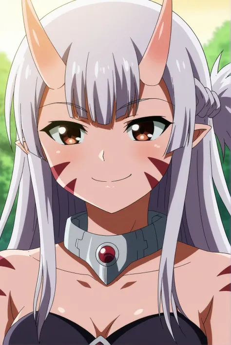 <lora:Peter_Grill_to_Kenja_no_JikanV2:0.8>, Lisa Alpacas, 1girl, solo, outdoors, smile, collarbone, horns, collar, facial mark, upper body, close-up, oni, anime coloring,