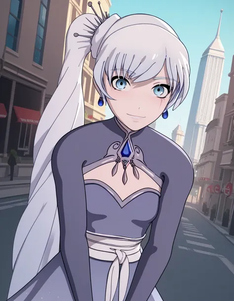 score_9, score_8_up, score_7_up, source_anime, <lora:weiss-schnee-ponyxl-lora-nochekaiser:1>, weiss schnee, long hair, blue eyes, hair ornament, ponytail, white hair, side ponytail, scar, tiara, scar on face, scar across eye,, dress, jewelry, earrings, blu...