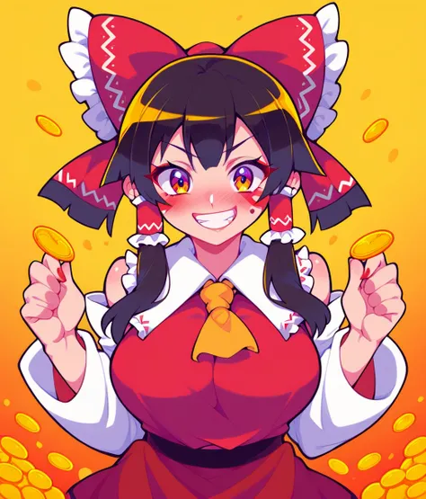 Score_9,score_8_up,score_7_up,solo,1girl,big breasts,curvy,blush,grin,kind_smile,looking at viewer,crazy smile,(with the gold coin),hakurei reimu (cosplay),cartoonized,gradient background,<lora:Style_Muse_Dash:0.7>,