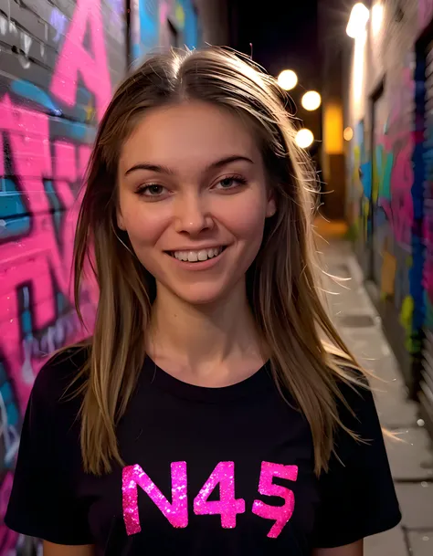 A high-definition close-up image captures the vibrant and expressive face of N45TY4, a woman with a striking style, her eyes closed in a peaceful smile as she gazes directly into the viewers soul. The photograph is set against a backdrop of an urban graffi...